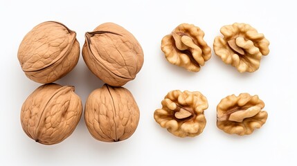 Cups containing both peeled and unpeeled walnuts arranged on a white background, captured from a top-down perspective.