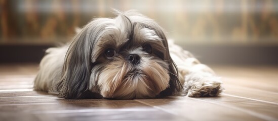 A small gray and white Shih Tzu dog is gracefully lying on the floor. The dog appears relaxed and comfortable as it rests peacefully. - obrazy, fototapety, plakaty