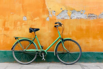 a green bicycle leaning against a wall
