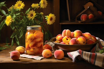 Celebrate the art of preserving with this inviting tableau showcasing canned peaches. Against the backdrop of a rustic wooden  Generative AI
