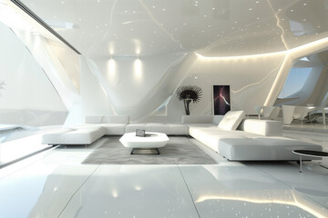 A futuristic bedroom with a white bed. The room is illuminated with lights and has a modern, sleek design