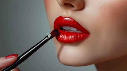 Closeup of girl's lips and a cosmetic brush putting gloss  - obrazy, fototapety, plakaty