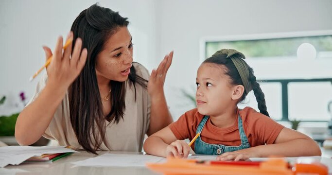 Mother, child and homework with angry stress for adhd distraction at desk or overwhelmed mom, discipline or school. Parent, daughter and paperwork project or autism concentration, unhappy or pressure