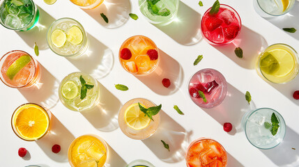 Summer cocktails drinks set. Assortment of multicolored strong and low alcoholic beverages for cocktail party. White background, hard light, shadows pattern, top view
