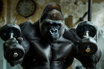 A gorilla is lifting weights in a gym. 