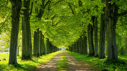 Tunnel-like lime tree avenue in spring, fresh green foliage, park  - obrazy, fototapety, plakaty