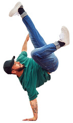 breakdancer guy performing inverted freeze technique on transparent background	