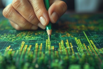 A person is making a gesture on a map using their finger and thumb to draw a graph with a pencil. The soft grass and trees create a peaceful atmosphere for their artistic recreation