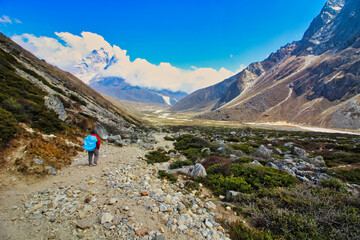 Scenic panorama of the Everest base camp trail looking south along the Khumbu valley towards the...