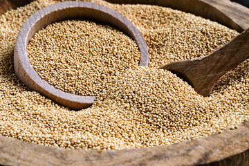 Healthy grain, amaranth in in a wooden bowl with a wooden spoon close up.