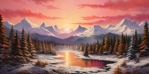 Radiant sunrise casting warm colors over a snowy forest with distant mountain range - Powered by Adobe