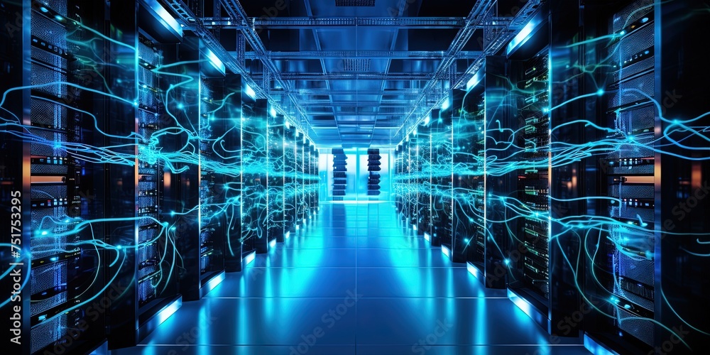Poster high performance data servers. glowing cables, high bandwidth. ultra high performance servers in dat