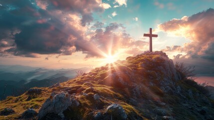 Wooden Cross on top of a mountain . Easter concept, AI Generative