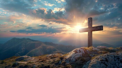 Wooden Cross on top of a mountain . Easter concept, AI Generative - obrazy, fototapety, plakaty