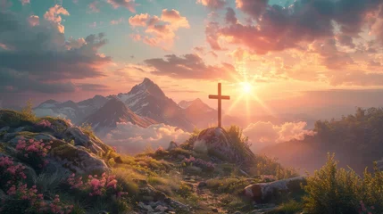 Keuken foto achterwand Mistige ochtendstond Wooden Cross on top of a mountain . Easter concept, AI Generative
