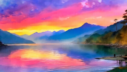 Watercolor illustration of sunset oven blue lake, mountain landscape. Beautiful scenery.
