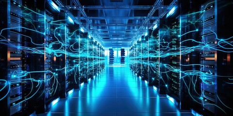 High performance data servers. Glowing cables, high bandwidth. Ultra high performance servers in data center rack, operating at full load.