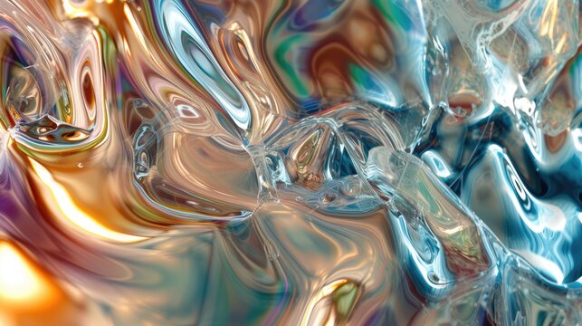 close-up photo shows a smooth, metallic surface with swirling colors of gold, silver, and blue. The reflective surface catches light, creating highlights and shadows.