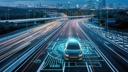 Autonomous electric vehicle on a smart highway with interactive road signs and traffic management, symbolizing the future of transportation