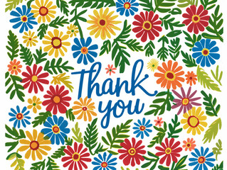 Fototapeta na wymiar Floral thank you card with vibrant wildflowers and leaves design