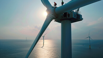 People work on top of wind turbine in sea, engineers perform maintenance of windmill in ocean. Concept of energy, power, sustainable development