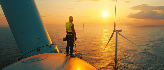 Worker on top of wind turbine in sea at sunset, engineer perform maintenance of windmill in ocean. Concept of energy, power, sustainable development, people - obrazy, fototapety, plakaty