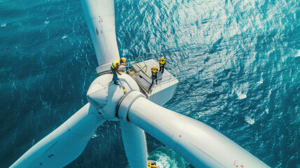 People works on top of wind turbine in sea, engineers perform maintenance of windmill in ocean, aerial view. Concept of energy, power, sustainable development