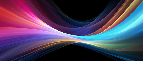 Multicolored neon curve lines isolated on black background, digital glowing energy. Abstract pattern of colored waves of light in cyber space. Concept of tech, spectrum, technology, data