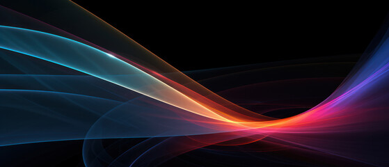 Fototapeta premium Multicolored neon wavy lines isolated on black background, digital glowing energy. Abstract pattern of colored waves of light in cyber space. Concept of tech, banner, spectrum, data