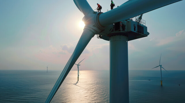 People work on top of wind turbine in sea, engineers perform maintenance of windmill in ocean. Concept of energy, power, sustainable development