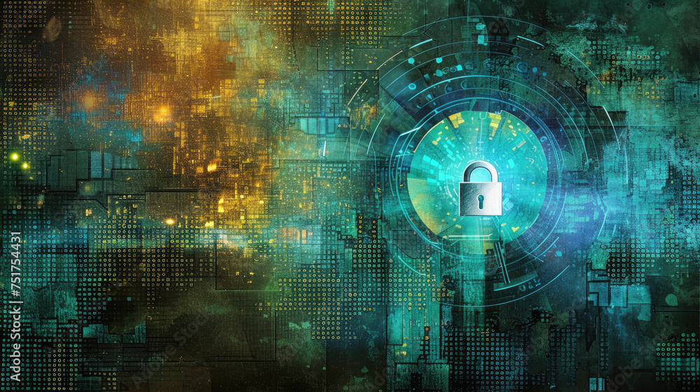 Aufkleber secure digital world background, cyber padlock in abstract dark data space, protection of computer i