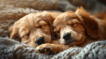 Two Puppies Sleeping Together on a Blanket