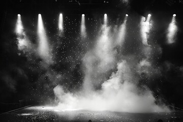 Dramatic Ambiance: Vector Illustration of Stage with Lights and Smoke, Black and White Mastery - obrazy, fototapety, plakaty