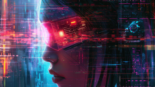 Face of hacker in futuristic glasses, secure network information and data abstract background for cyber security theme. Concept of ai, cyberpunk, technology, digital future, hack, art