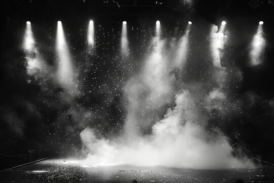 Dramatic Ambiance: Vector Illustration of Stage with Lights and Smoke, Black and White Mastery
