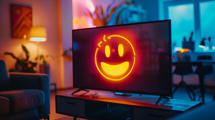 Glowing Smiley Face on TV Screen Illuminates a Cozy, Modern Living Room”