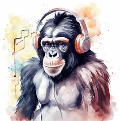 Chimpanzee listening to music. Watercolor drawing. Generative AI