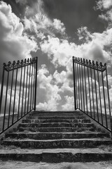 An awe-inspiring depiction of a staircase ascending to celestial realms, culminating in a grand gate atop the steps, set against a backdrop of striking high-contrast clouds