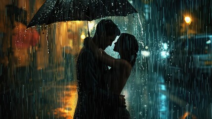 kiss couple in the rain