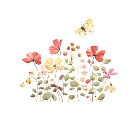 Card with colorful wildflowers and flying yellow butterfly, watercolor isolated illustration for invitation or greeting cards, for banner or cover, beautiful romantic border of abstract flowers. - 751754889