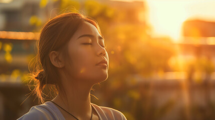 Mulher japonesa de olhos fechados ao ar livre recebendo a luz do por do sol no rosto - Papel de parede  - obrazy, fototapety, plakaty