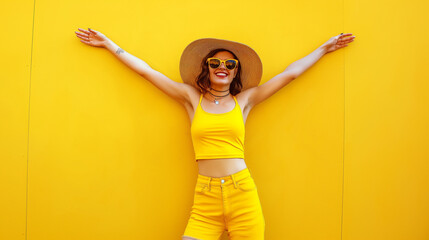 Mulher feliz usando óculos escuros isolada no fundo amarelo - obrazy, fototapety, plakaty