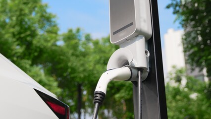 EV electric car charging in green sustainable city outdoor garden in summer. Urban sustainability...