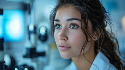 Woman Looking at Computer Screen With Glowing Blue Eyes