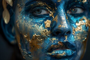 a person with blue and gold paint on face
