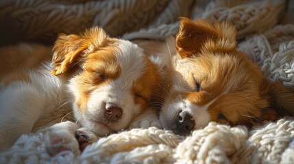 Two Puppies Sleeping Together on a Blanket