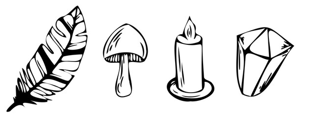 Mystic magic vector line elements. Contour minimalistic hand drawn doodle in black. mysterious feather, candle, crystal, mushroom. Outline set of elements for logo, tattoo, books, prints.