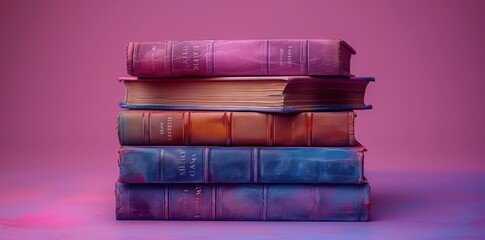 A stack of books in a variety of colors such as violet, magenta and electric blue, sitting on a...