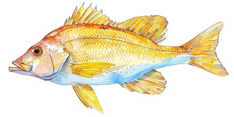 Watercolor illustration of Raw Yellow Tail Snapper Isolated on White