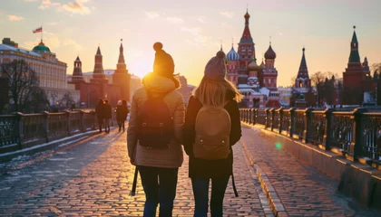 Foto op Canvas The couple travels to the sights of Moscow. People relax on vacation. © Marina